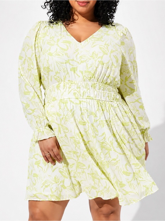 torrid Dresses & Skirts - Torrid Size 1 White Lime Floral Smocked Waist Long Sleeve Fit & Flare Dress